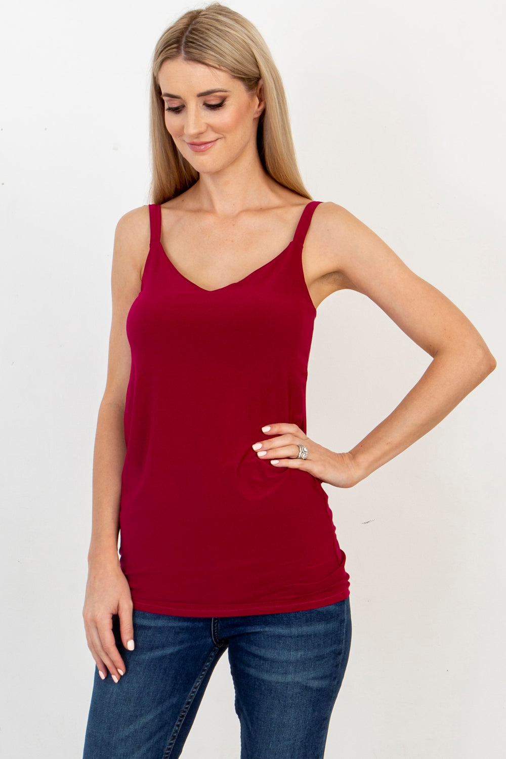 Basic V-Neck Strappy Top, Maroon - 10 Colours